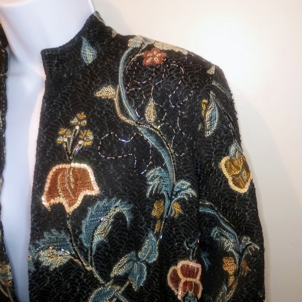 Indigo Moon Boho Beaded & Sequinned Black/Multi Long Floral Brocade Coat - Picture 4 of 12